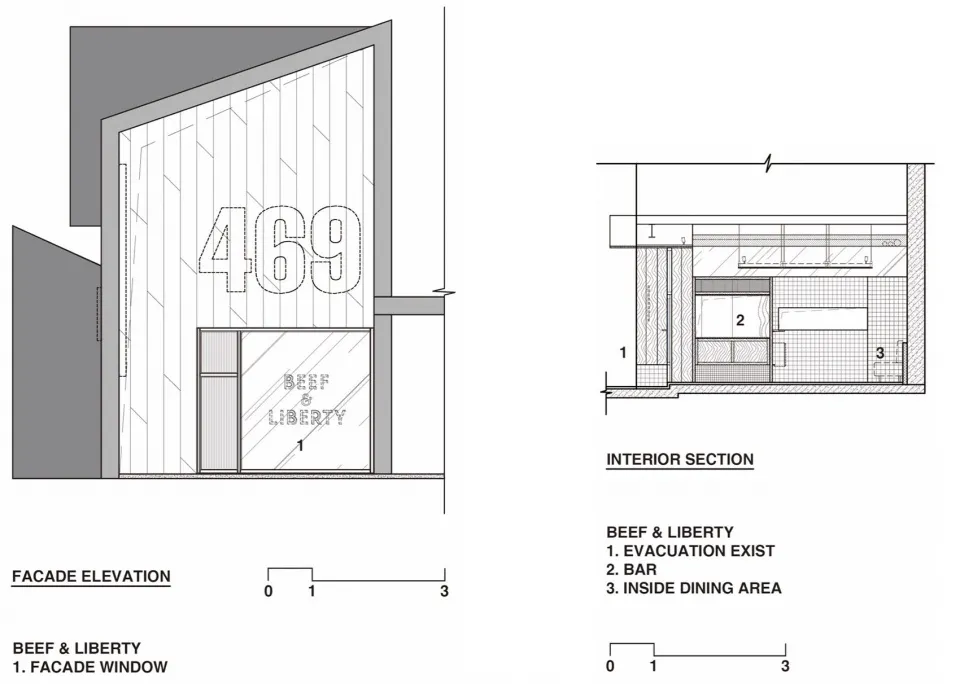 A technical floor plan of Beef & Liberty, featuring an interior section and a facade elevation with dimensions and labels.
