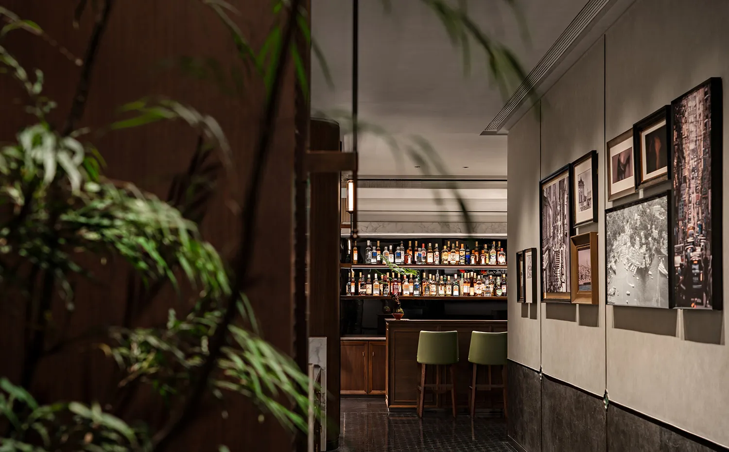 An image of a modern bar interior with a focus on the design elements and spatial composition.