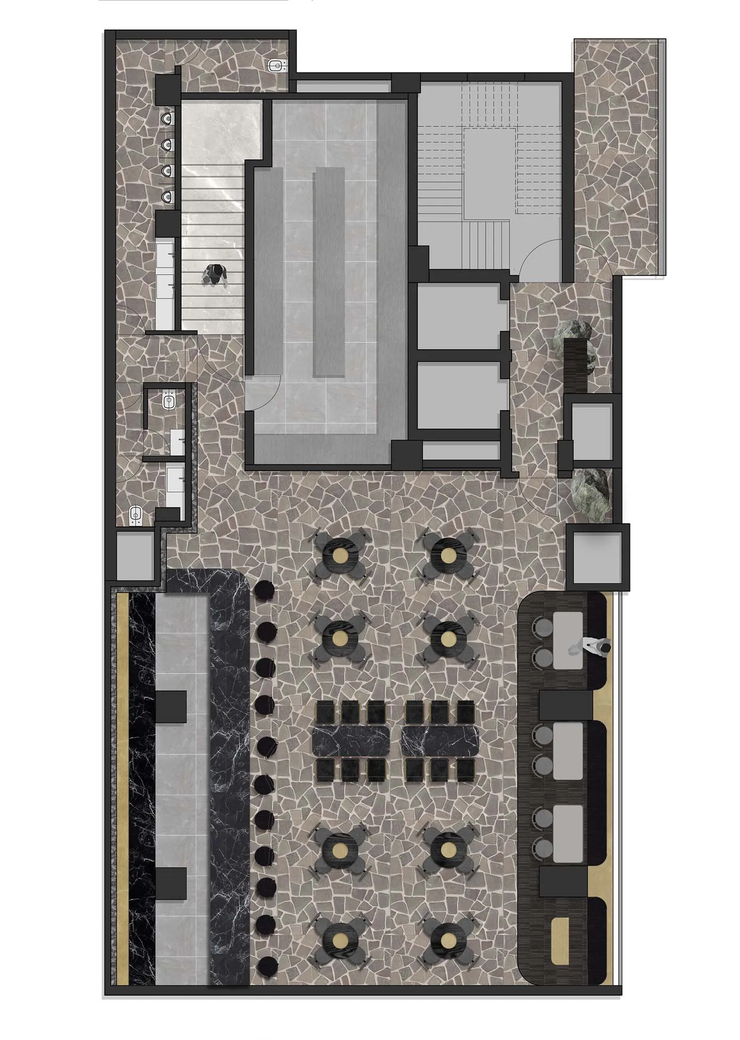 一張詳細的餐廳平面圖，展示拋光石材與大理石表面的組合。