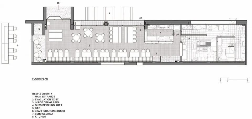 A black and white architectural floor plan of a modern restaurant interior.