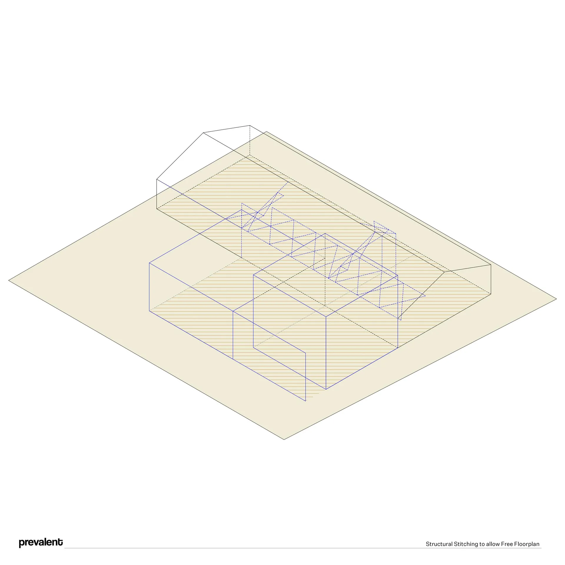 3D rendering of a structural stitching design utilizing lines and blocks within a floor plan.