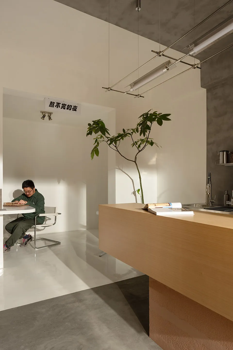 極簡共享辦公空間,鋪設混凝土地板,設有工作區、一盆植物與廚房區域。
