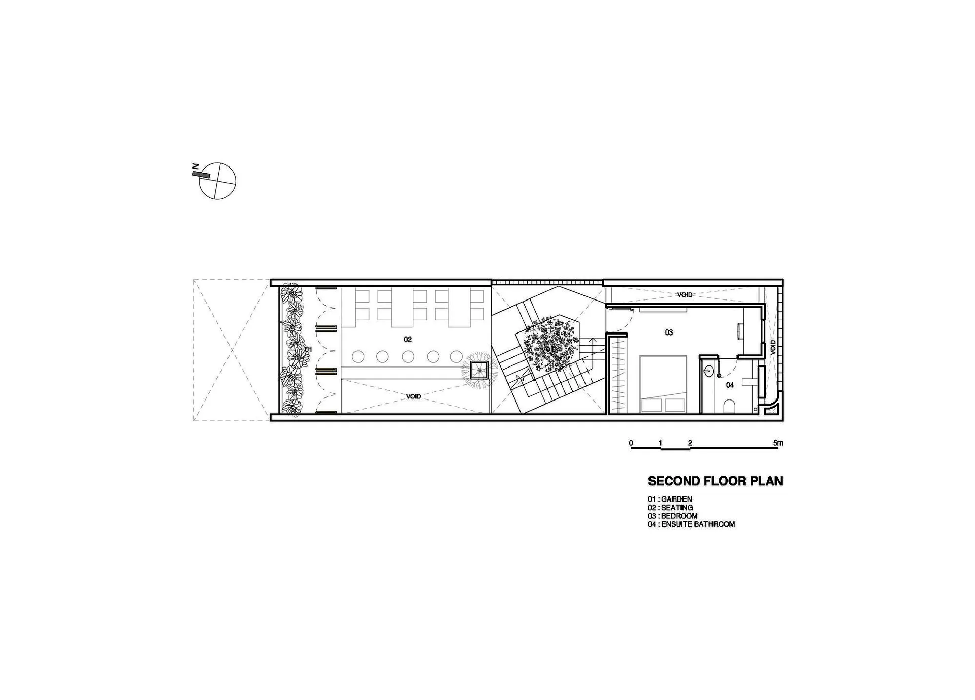 2D architectural drawing depicting a second floor layout with garden, seating, bedroom, and ensuite bathroom.