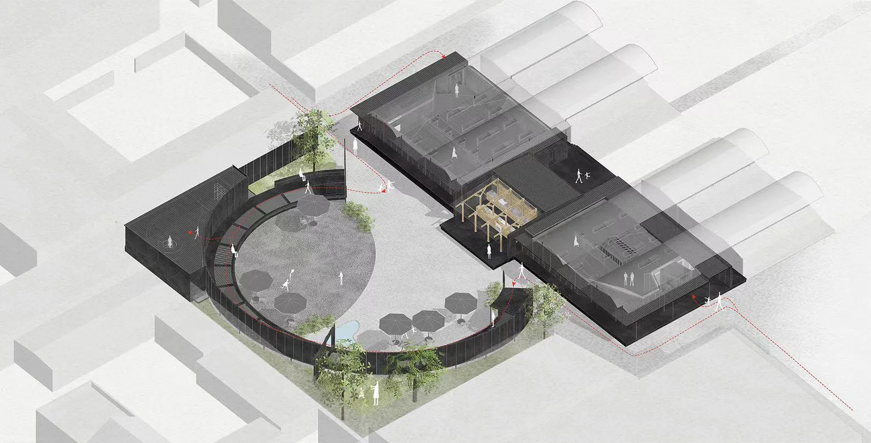 Industrial-style architectural floor plan depicting a public space with wooden structures and glass elements.