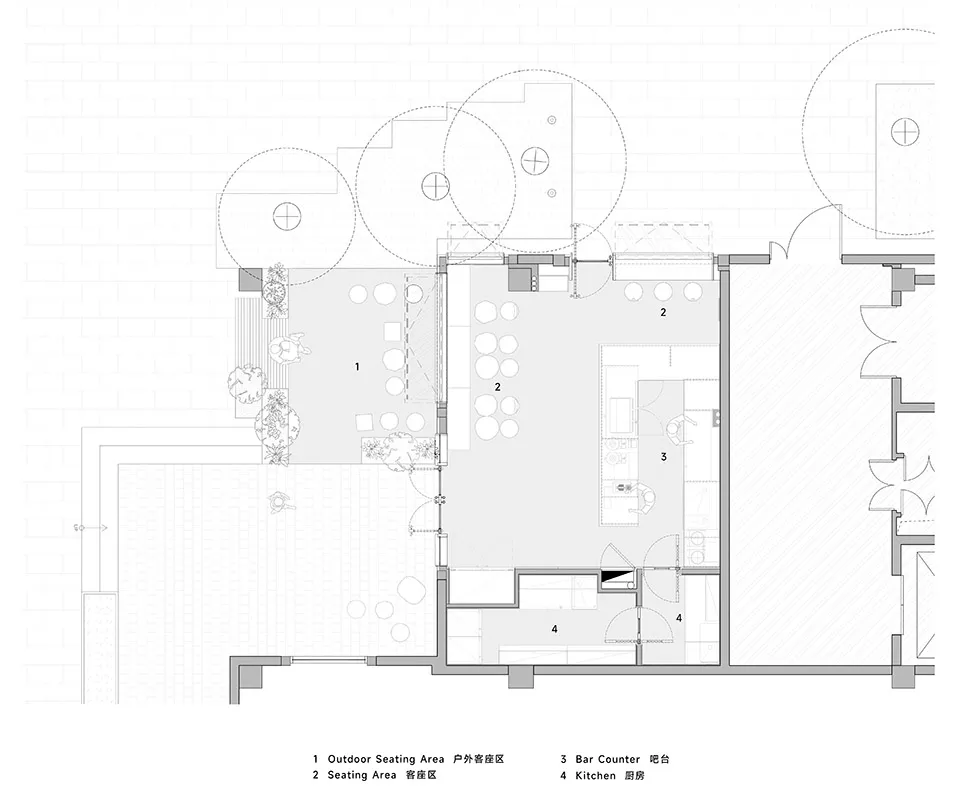 Architectural drawing of a restaurant floor plan with sections labeled for outdoor seating, seating areas, bar counter, and k
