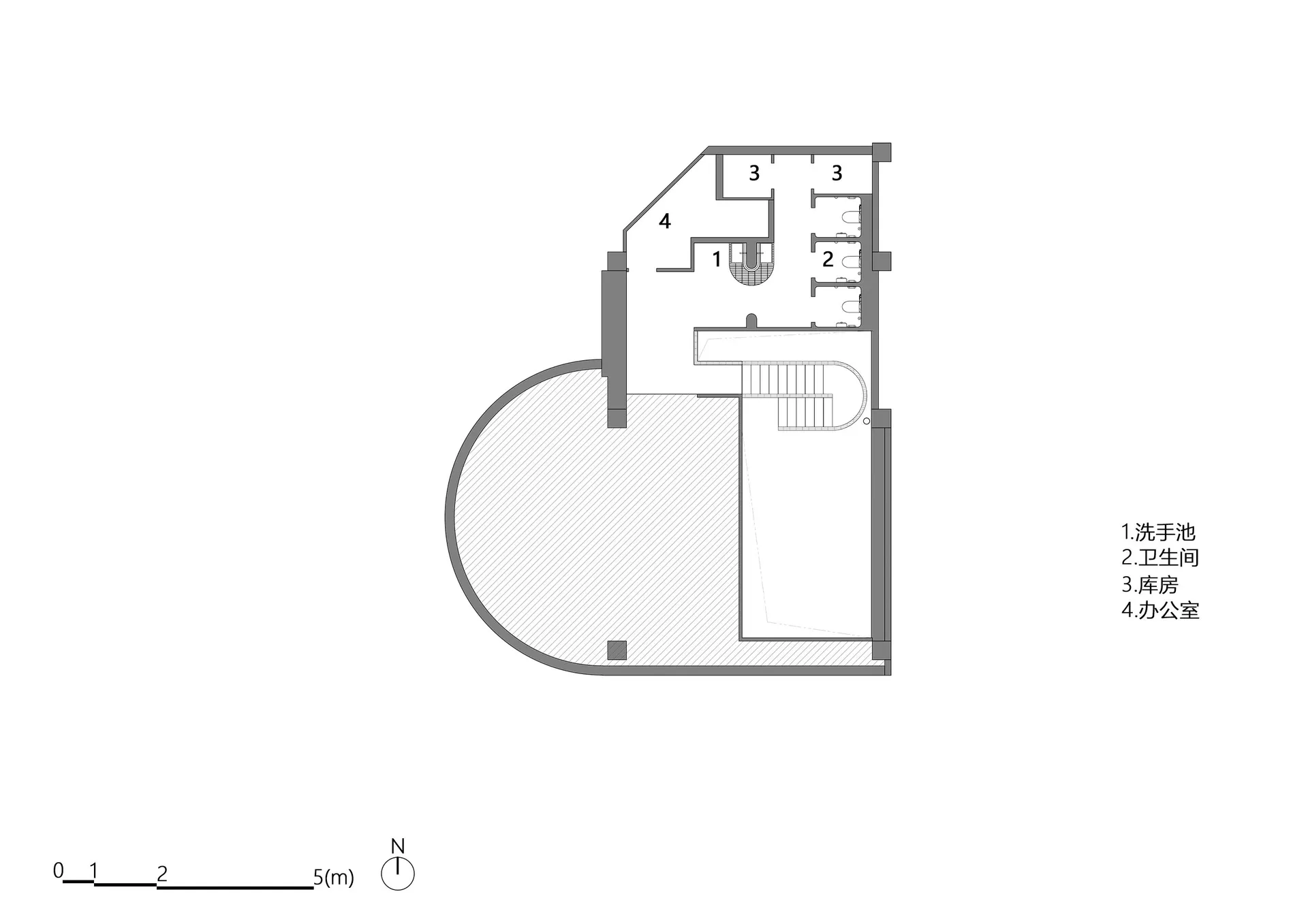 A detailed floor plan of an office space with labeled rooms, including a restroom, kitchenette, reception area, and workspace