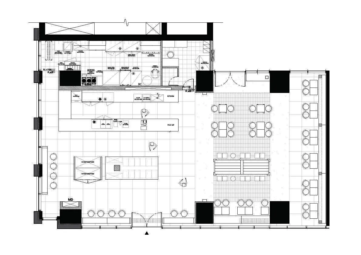 Detailed layout of a restaurant's interior space, including kitchen areas, seating arrangements, and functional zones.