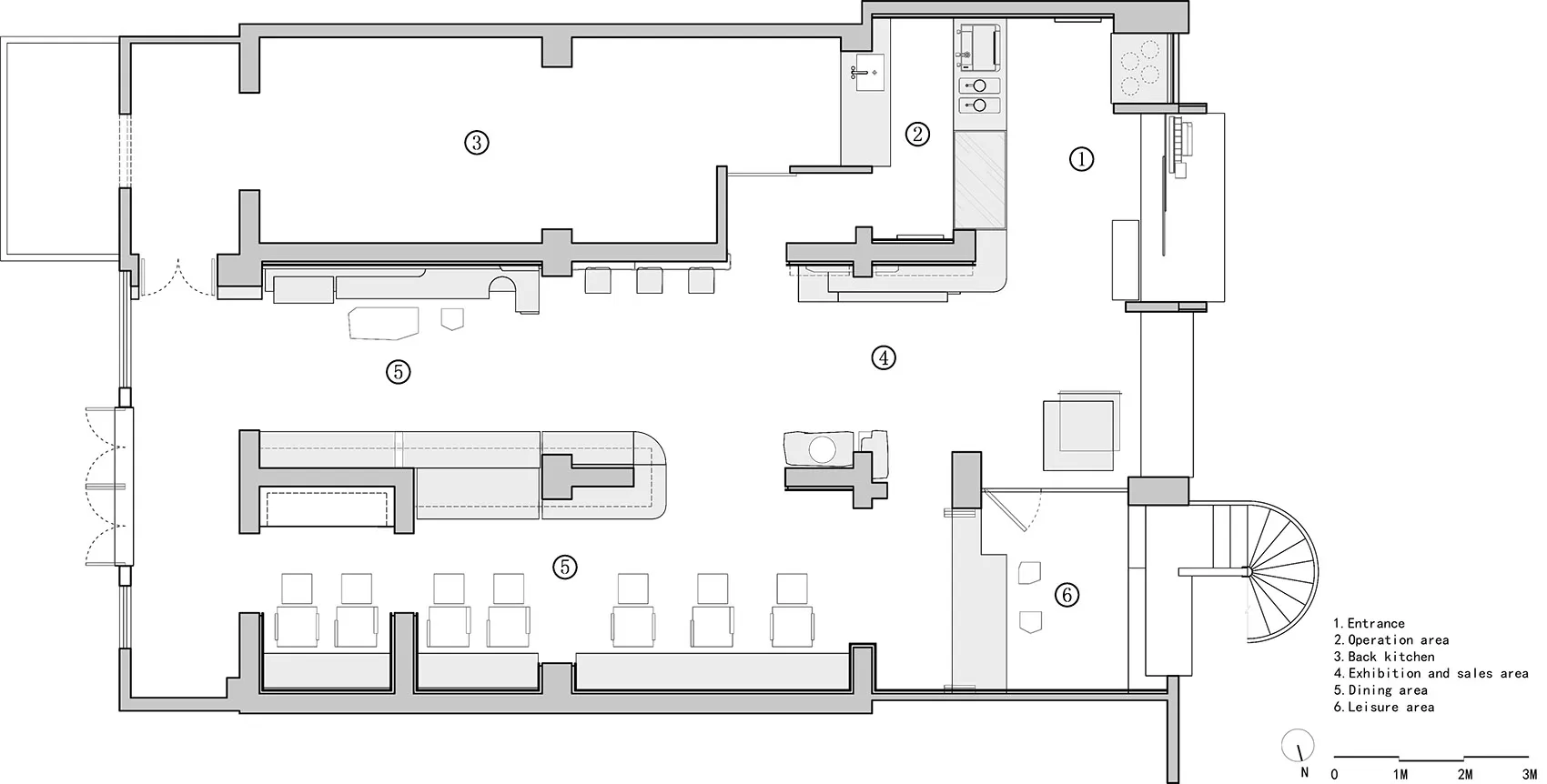 A minimalist restaurant interior with a simple layout, white color scheme, and open space.