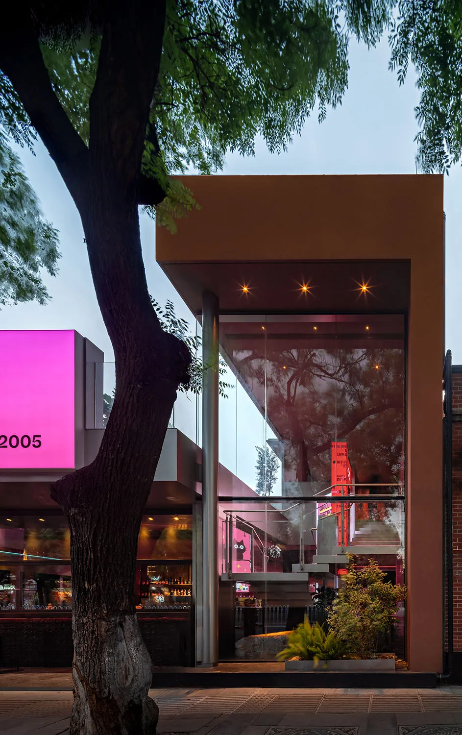 Modern storefront with a glass facade and tree in the foreground.