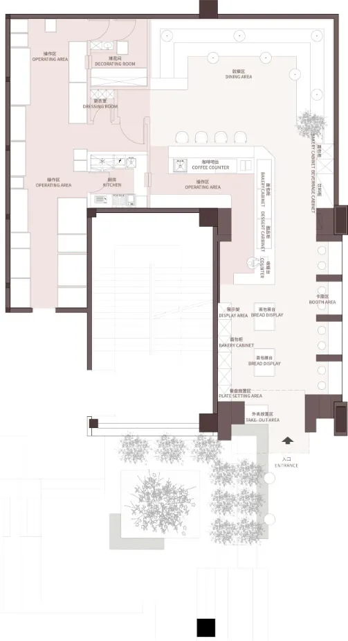 A detailed, 2D architectural drawing of a modern bakery's interior design, showcasing the layout of functional zones such as