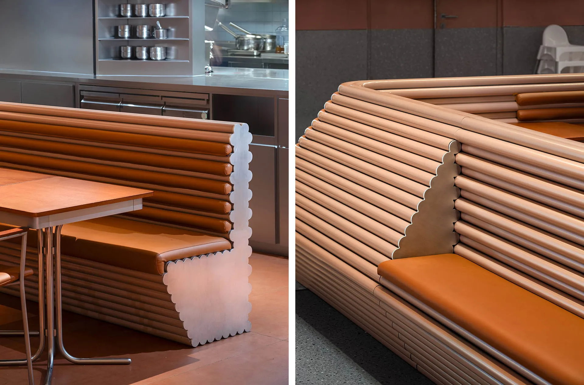 A modern restaurant interior designed with leather and steel materials.