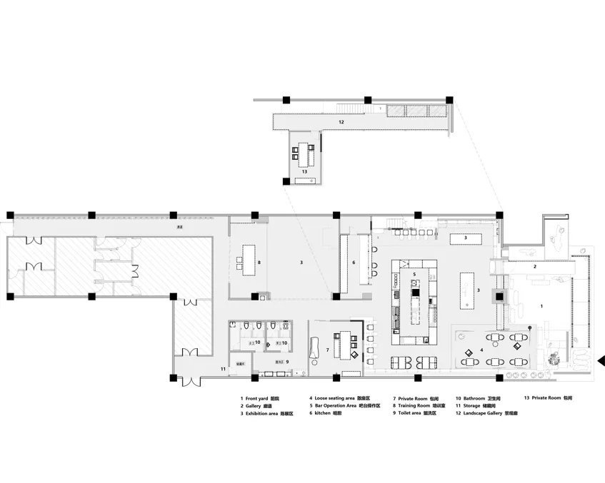 Floor plan layout of an exhibition space with designated areas for loose seating, exhibit viewing, bar operations, and traini