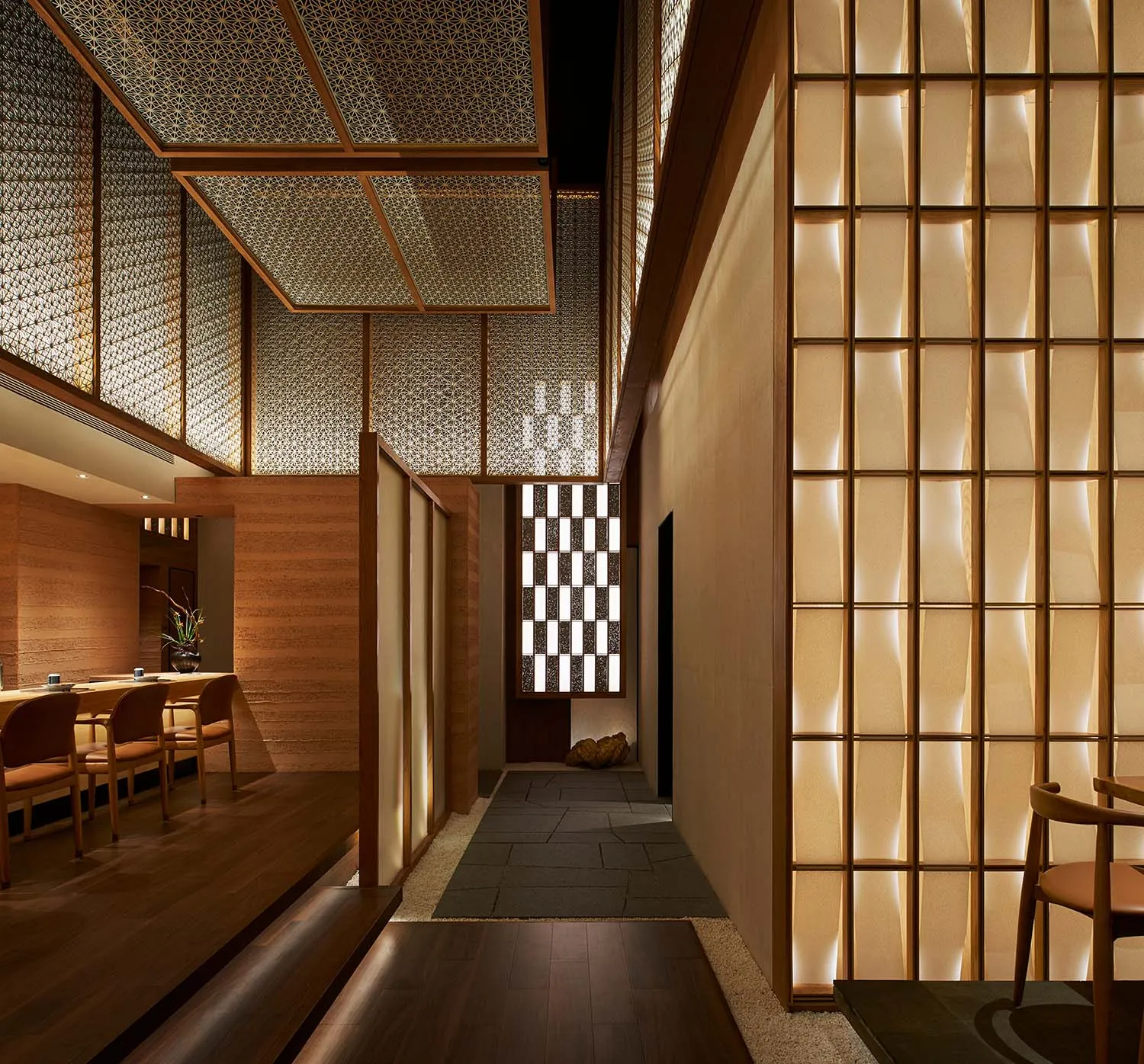 Modern restaurant interior featuring wooden paneling