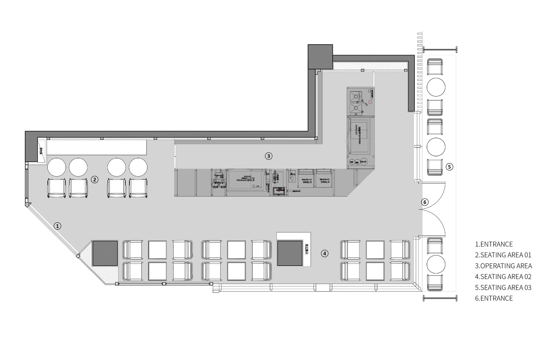 Restaurant floor plan with seating areas, kitchen, and entrances.