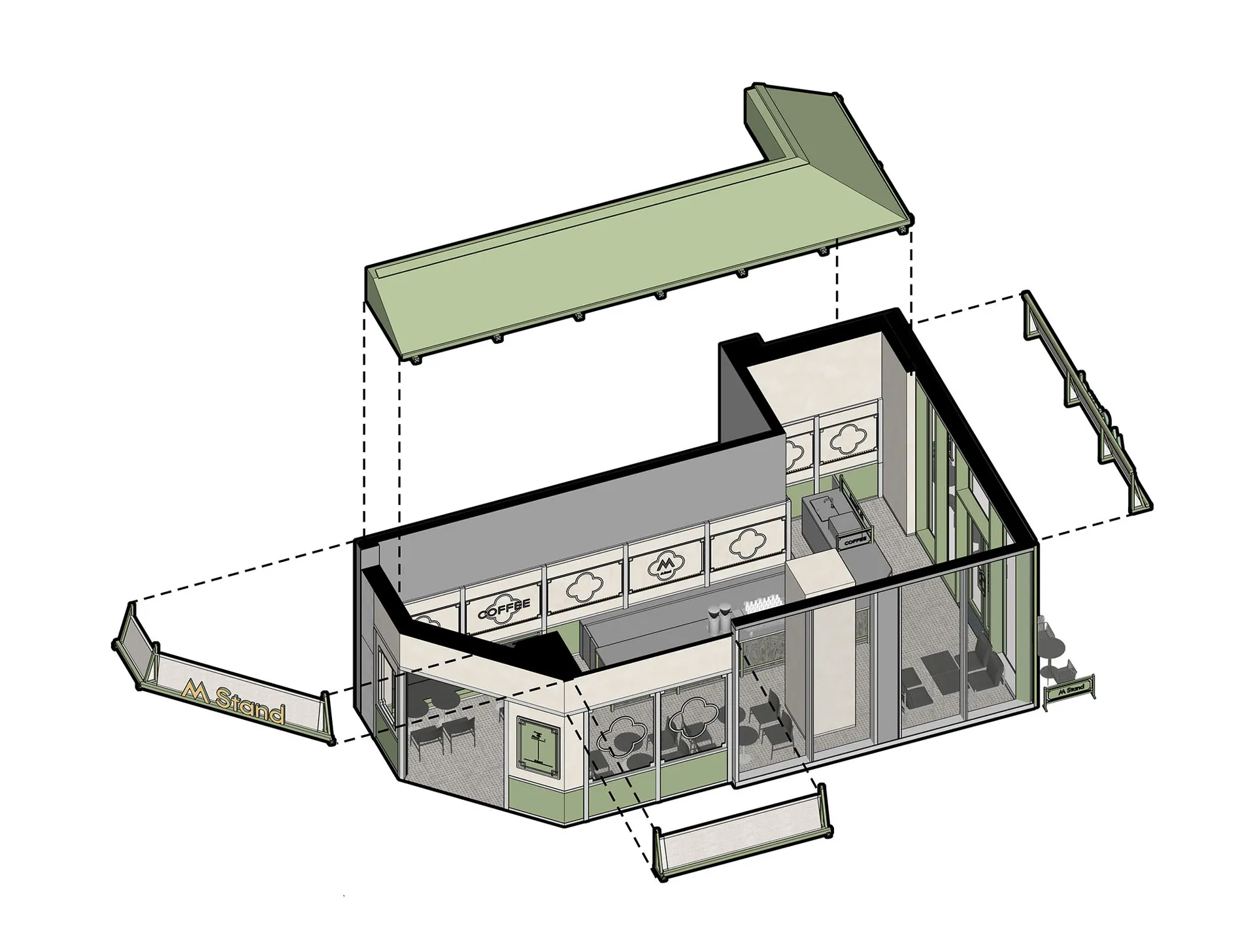 以3D透視呈現的現代咖啡廳室內，搭配當代家具與設計元素。