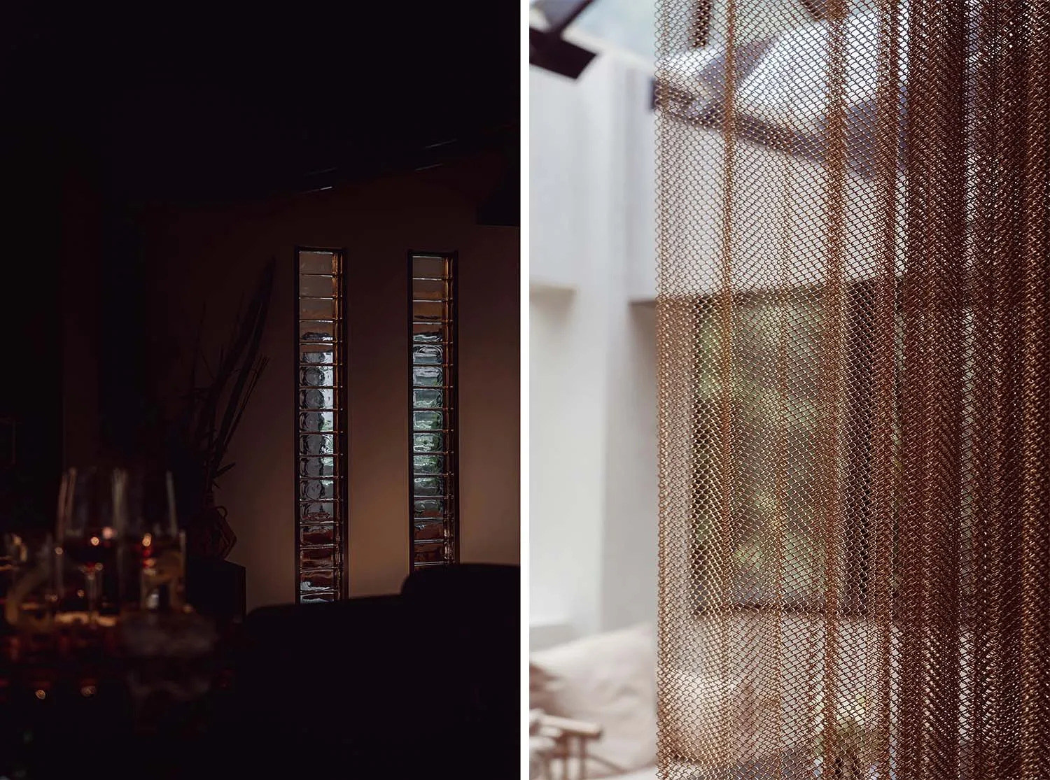Close-up of modern interior design featuring glass windows with metal panels.