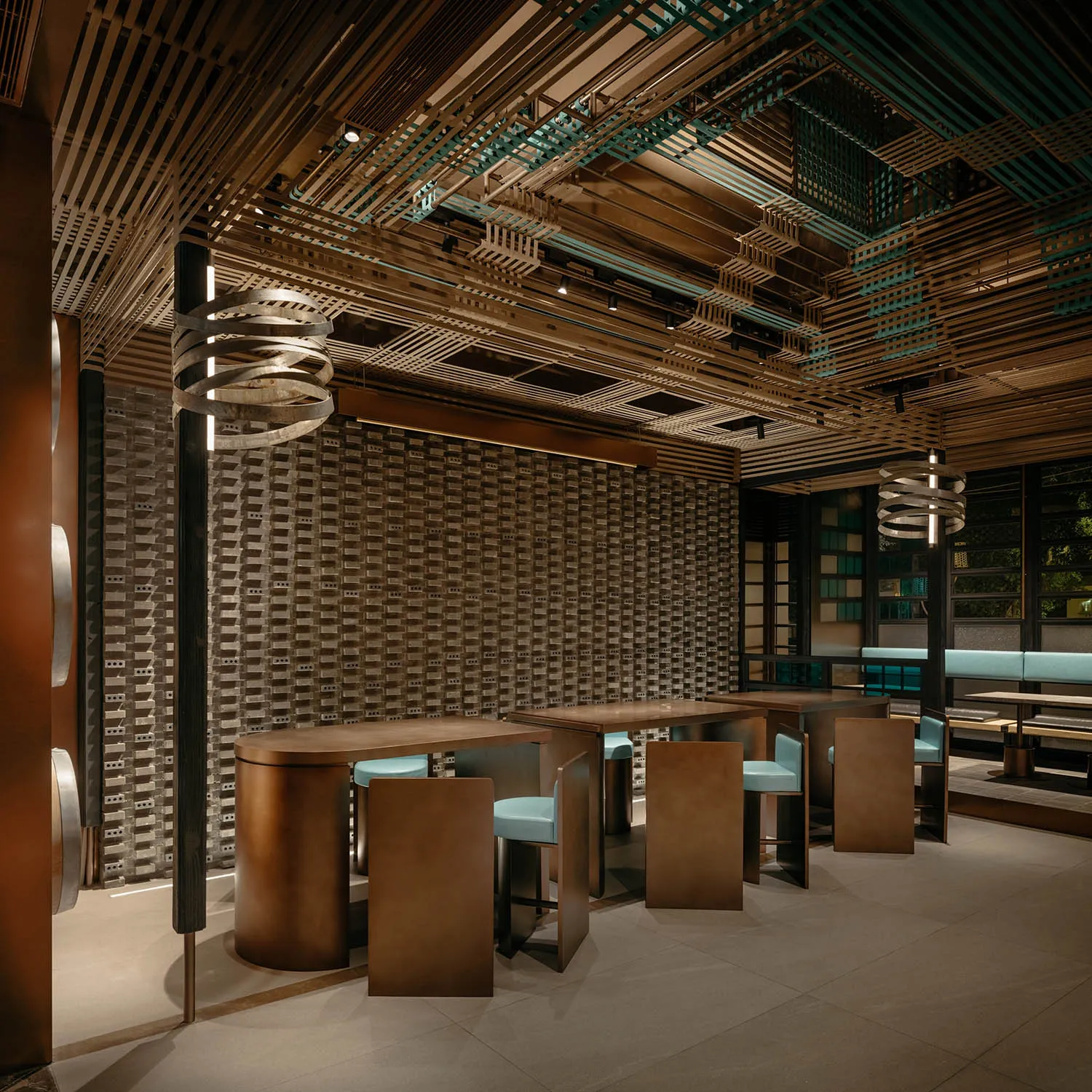現代餐廳室內,配有木紋層板桌椅。