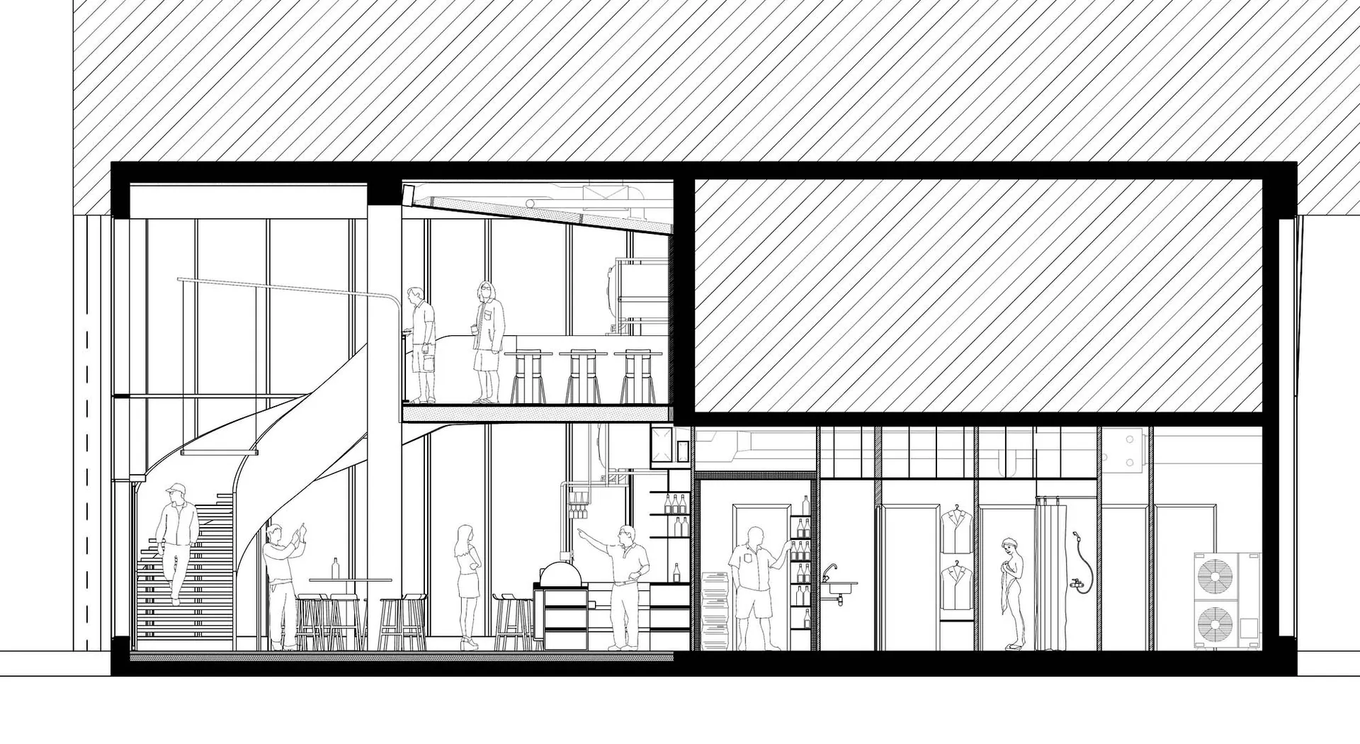 Detailed architectural section of a modern glass bar and lounge space.