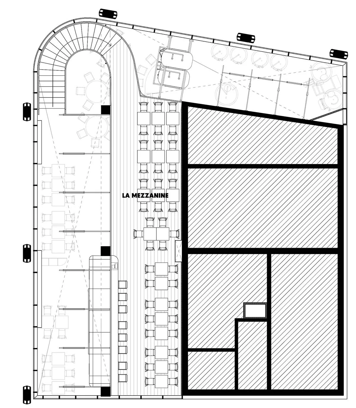 Floor plan showcasing a restaurant layout with seating arrangements and designated areas.