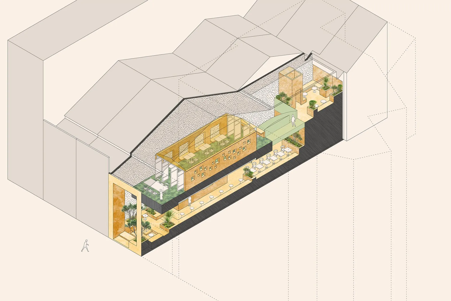 Industrial-style office interior with exposed concrete, glass walls, and a terrazzo floor.