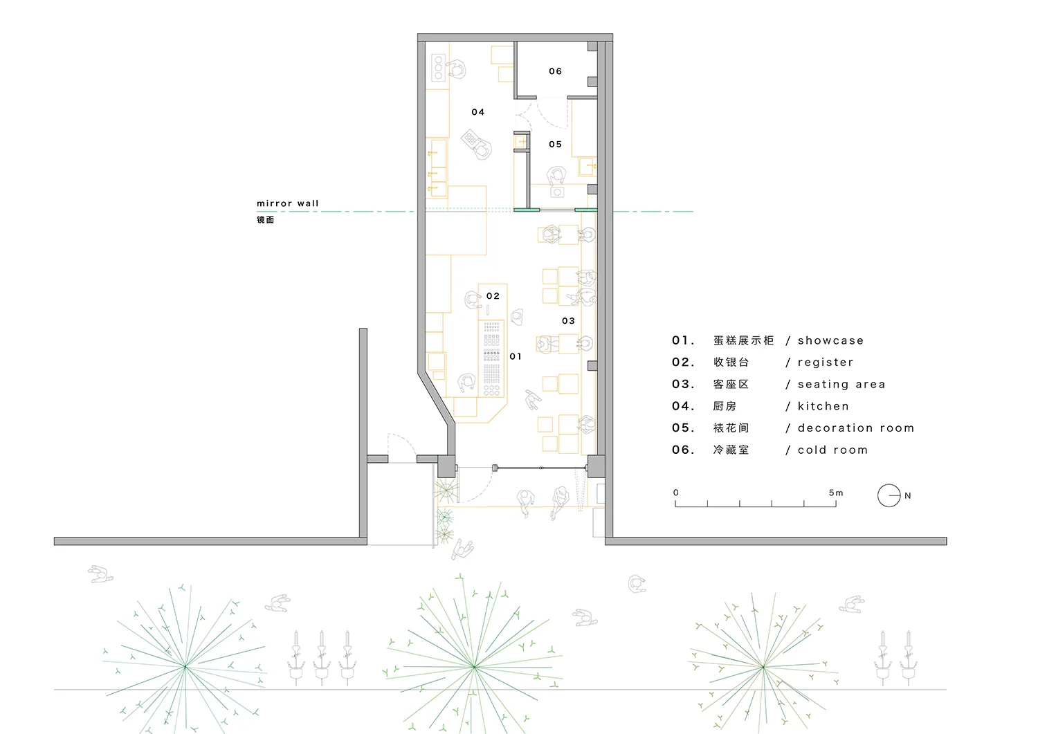 Floor plan of a coffee shop showing functional zones and spatial composition.