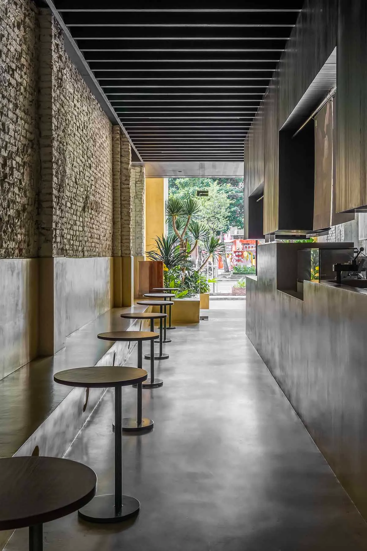 Minimalist cafe interior with concrete flooring, wooden stools, and green plants.