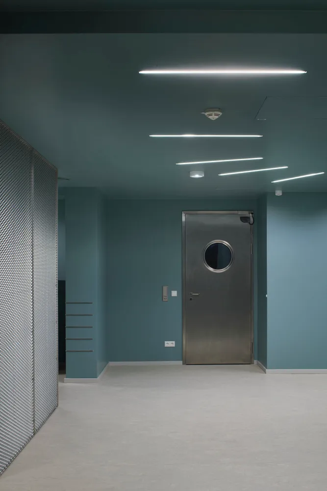 A hospital corridor featuring a steel door with a circular window, surrounded by a metal mesh fence and a gray floor.