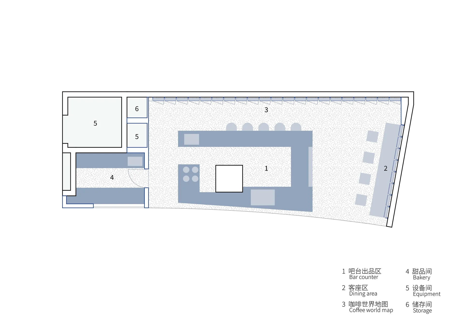 咖啡店平面配置的詳細2D建築藍圖。