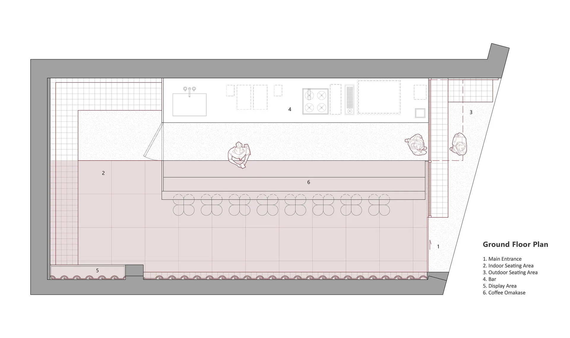 Floor plan of a coffee shop showing the main entrance, indoor and outdoor seating areas, bar, and display area.