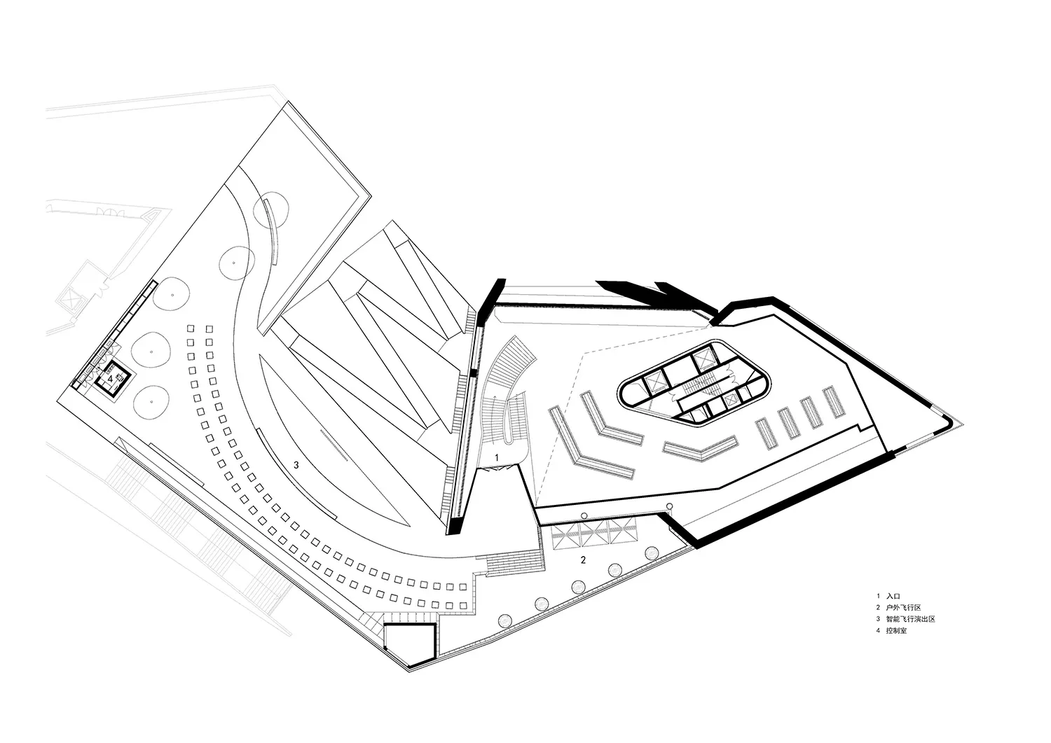 A detailed architectural floor plan of a modern museum showcasing concrete, steel, and glass materials.