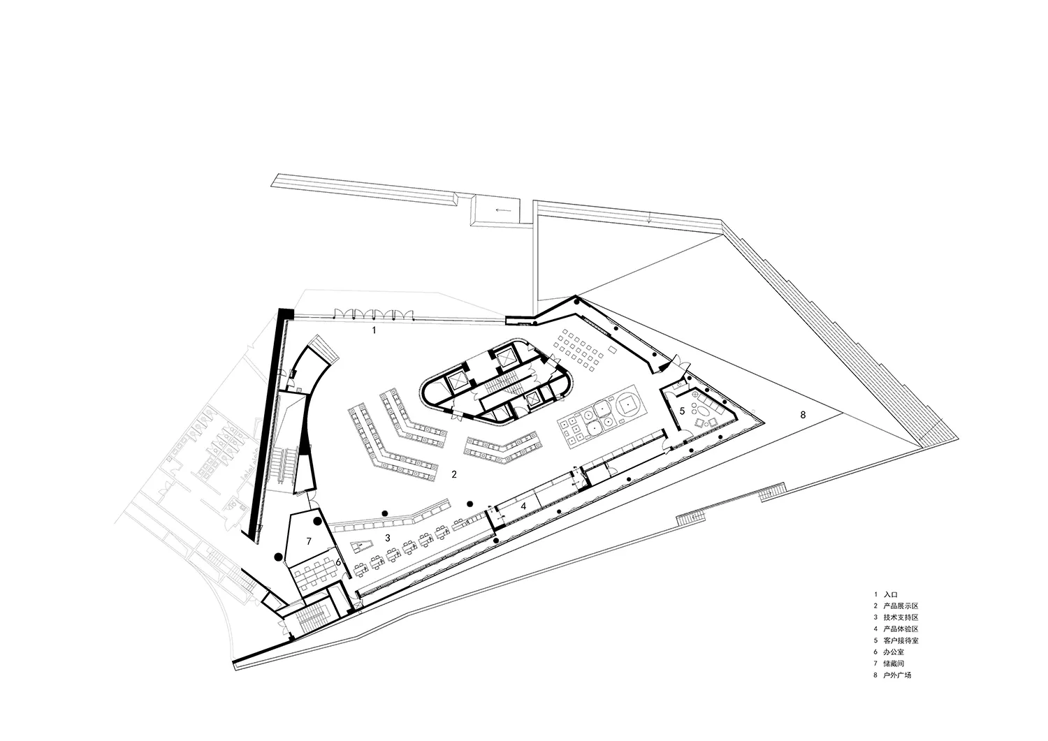 一張詳細的辦公大樓建築平面圖,顯示金屬梁柱與結構線條等元素。
