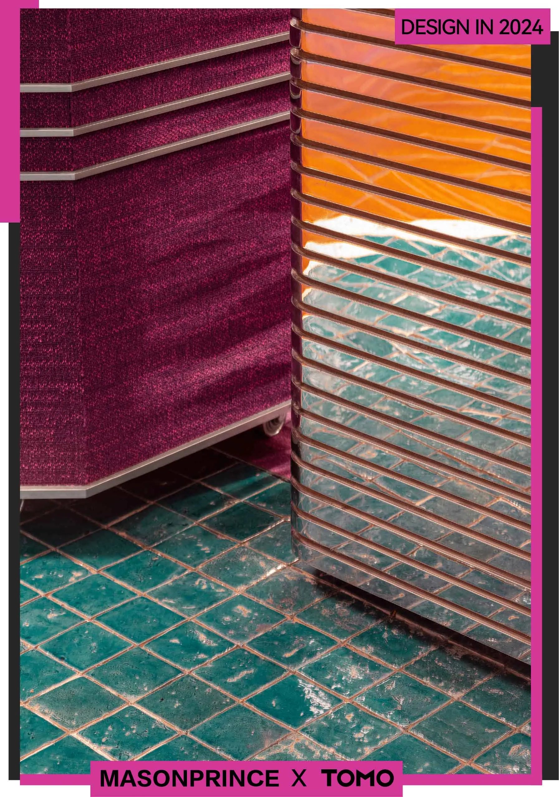 A corner of a room with purple leather upholstery and teal ceramic tiles on the floor.