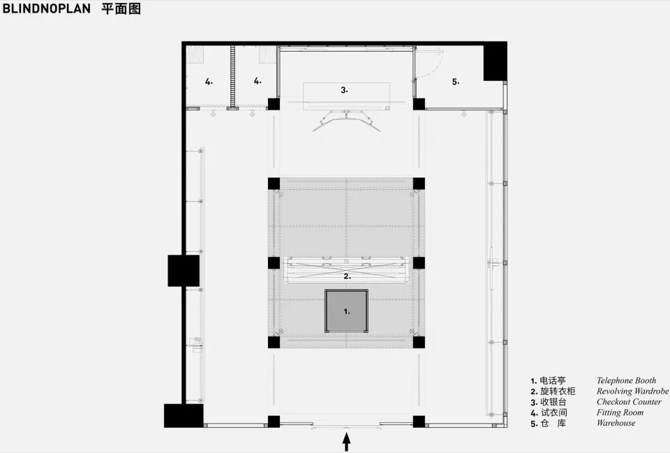 零售店平面圖，展示電話亭、旋轉衣櫃、收銀台及試衣間等細節