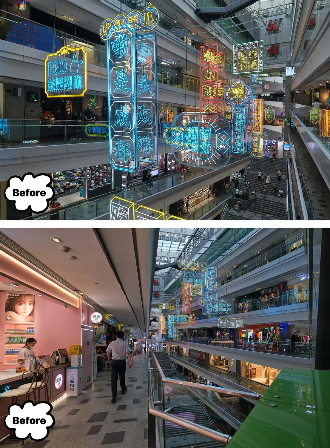 A vibrant and lively mall interior with colorful glass neon lights hanging from the ceiling.