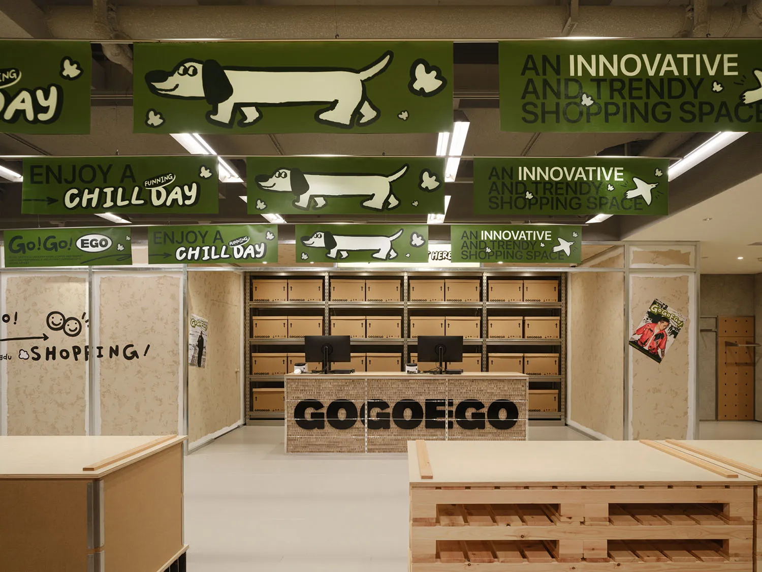 Minimalist shipping space with cardboard boxes