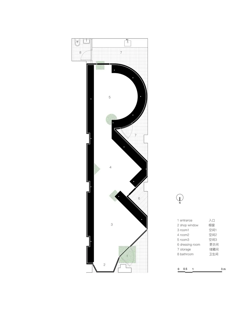 現代極簡建築平面圖，展示黑色線條與格線。