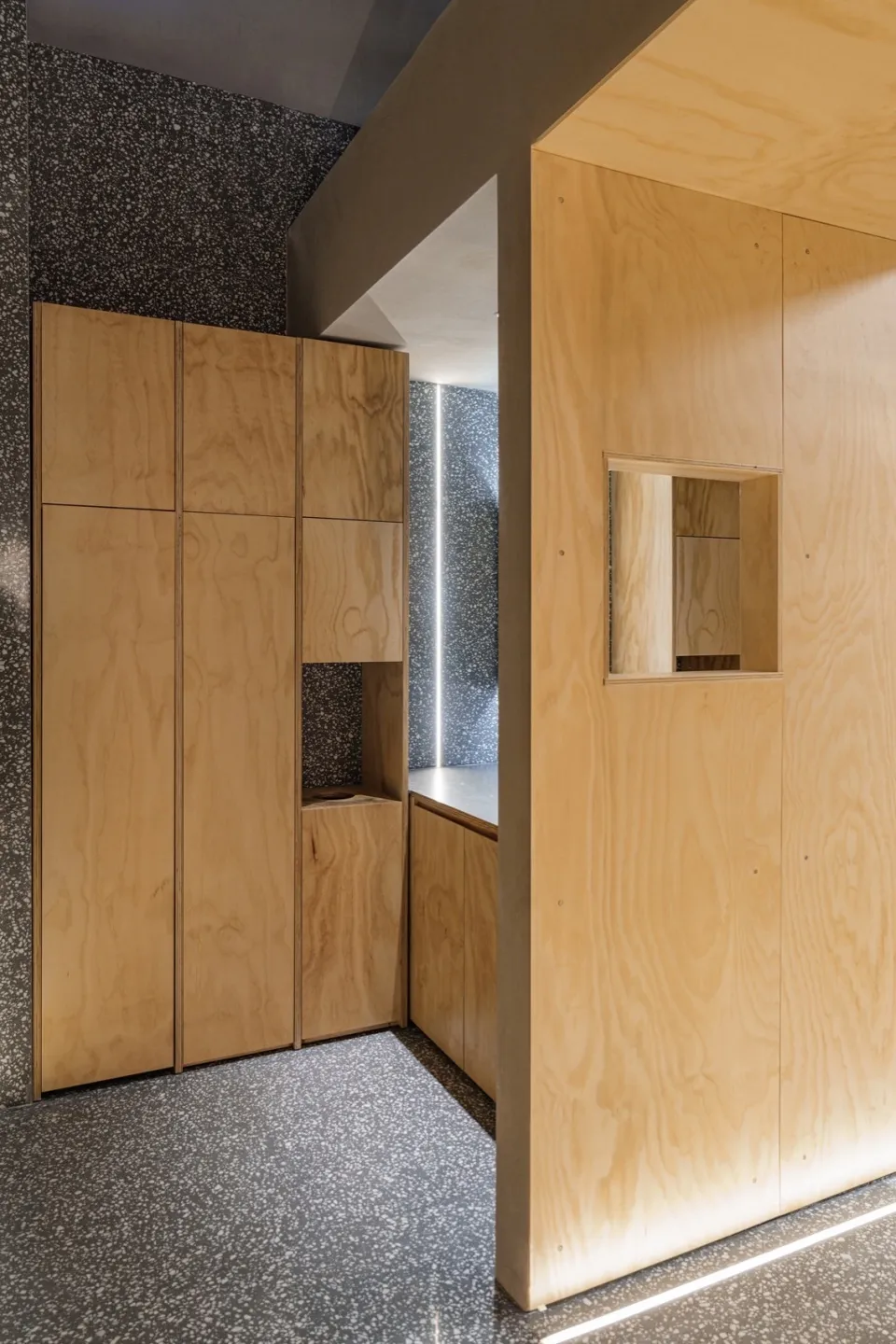 Industrial business interior with wooden walls.
