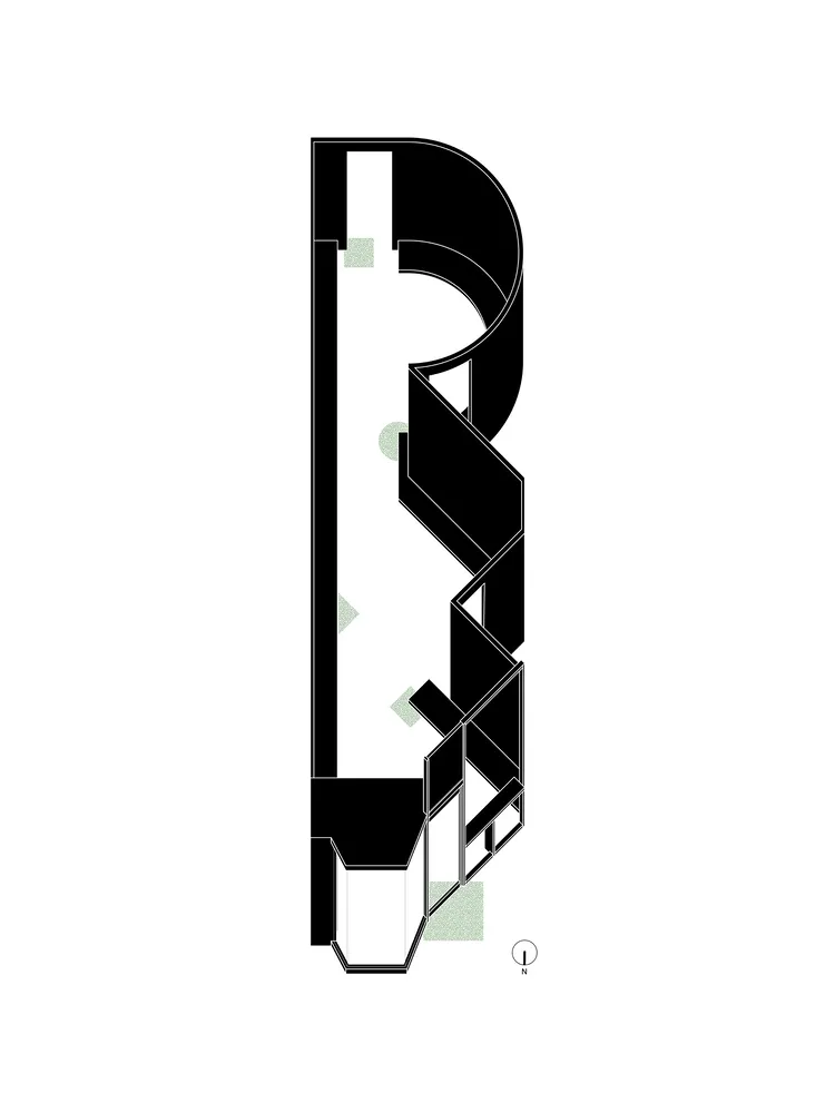 A modern architectural interior plan featuring black, white, and green elements.