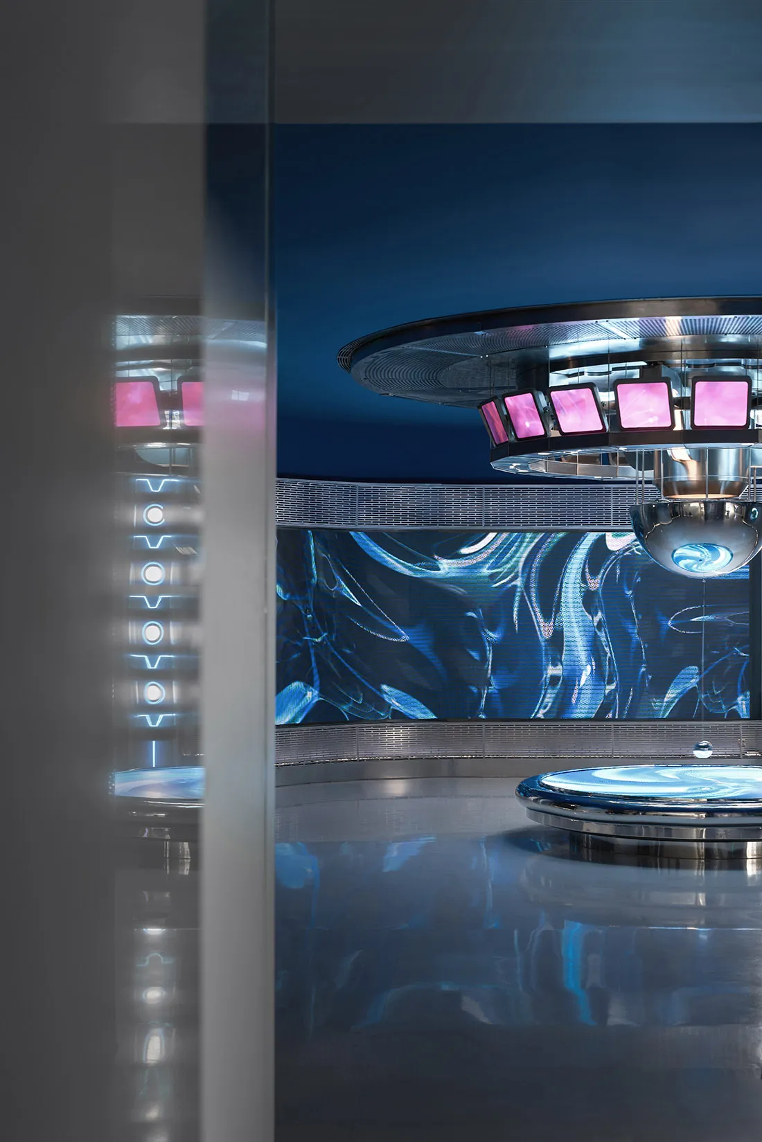 A modern interior space featuring metal materials