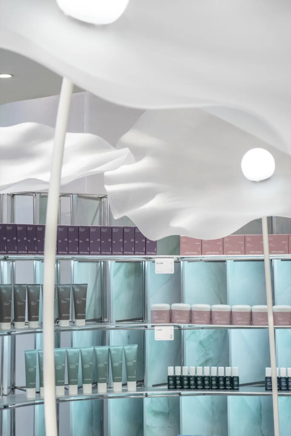 Glass shelves in a modern retail store interior