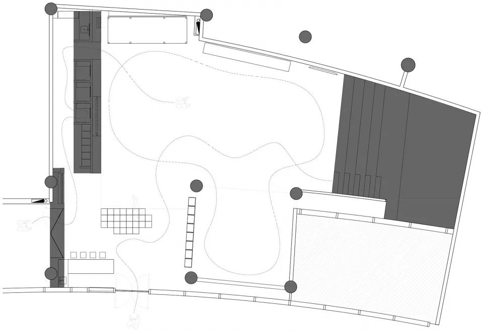 Modern architectural floor plan with minimalist design and black and white color scheme.