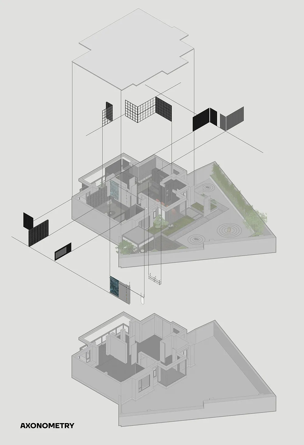 An isometric rendering of a multi-level interior space with various architectural elements and materials.