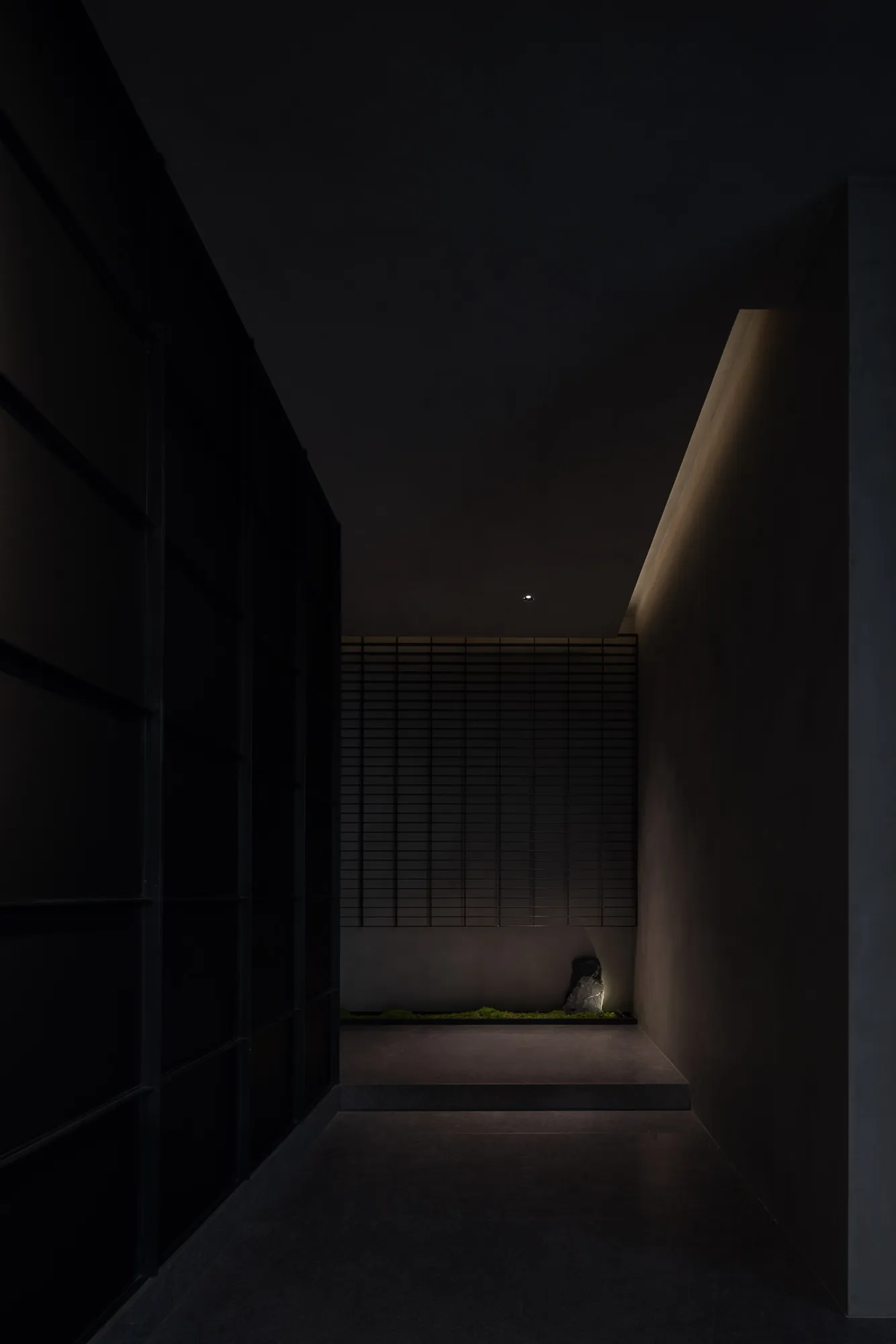 A minimalist interior with concrete walls and a small garden alcove illuminated by a single light source.