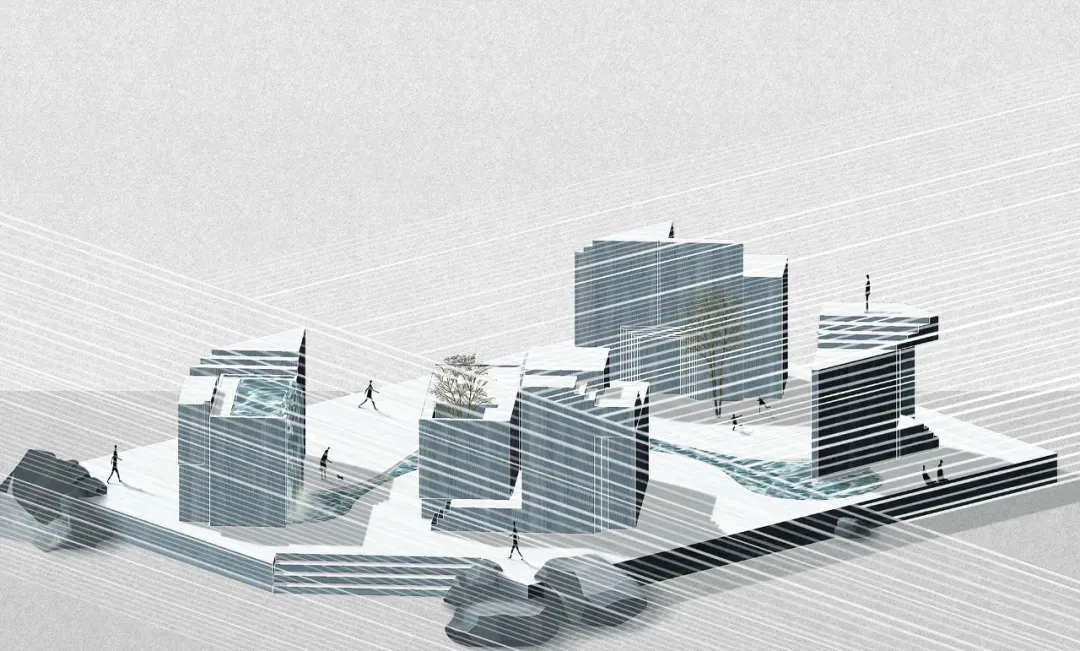 A 3D architectural rendering showcasing minimalist design with grey, black, and white color scheme and geometric lines.