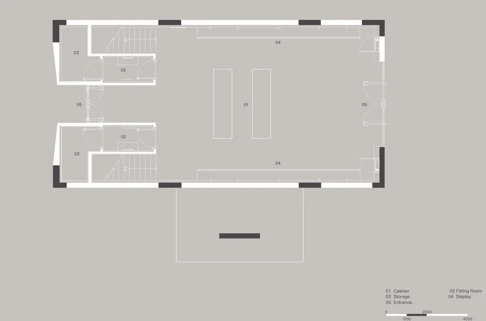 Plan of a retail fitting room featuring concrete and metal materials.