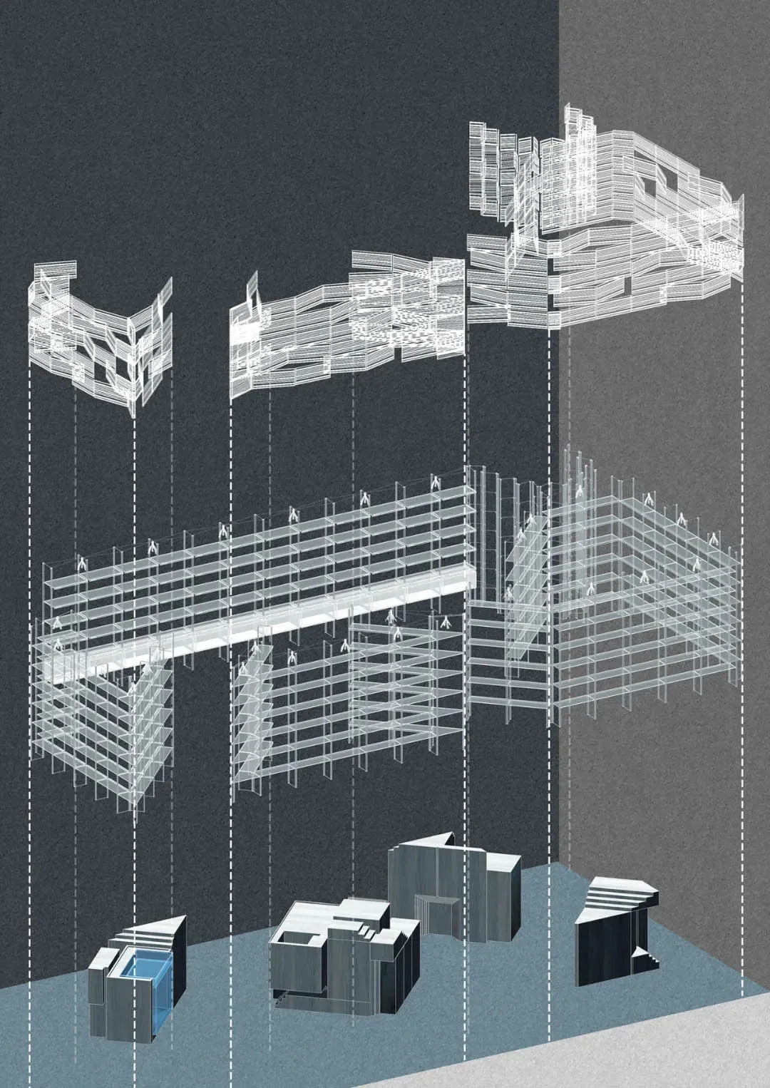 An abstract architectural rendering depicted in wireframe format.