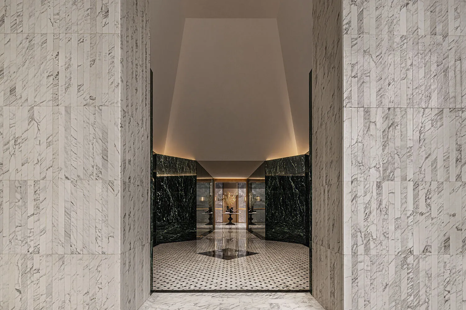 Modern interior design with marble walls and flooring