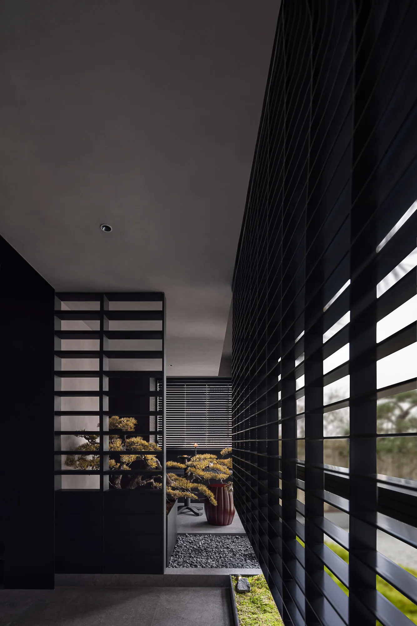 Modern interior featuring metallic planters and containers.