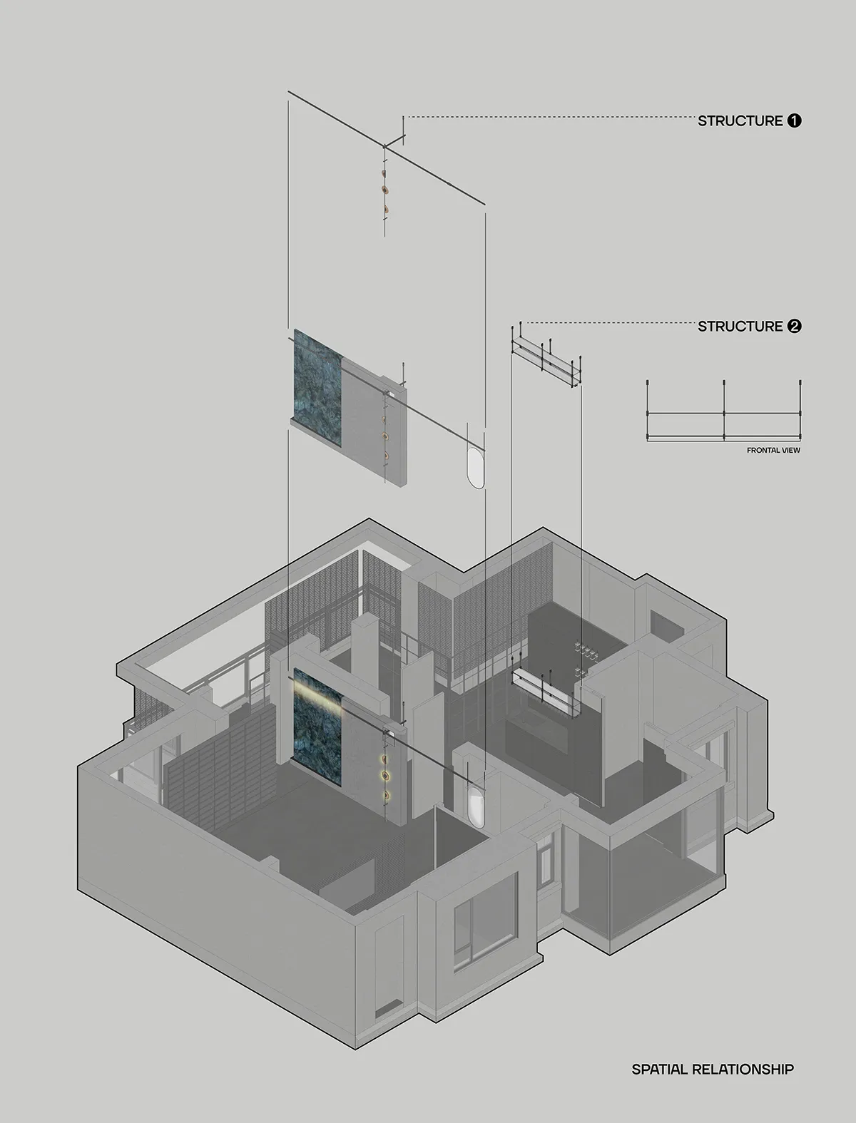 A shaded floor plan of a modern interior space with structural elements and a front wall view.