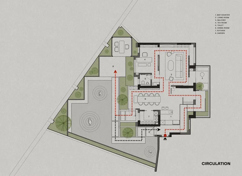A technical drawing of a residential layout with labeled rooms and circulation paths.